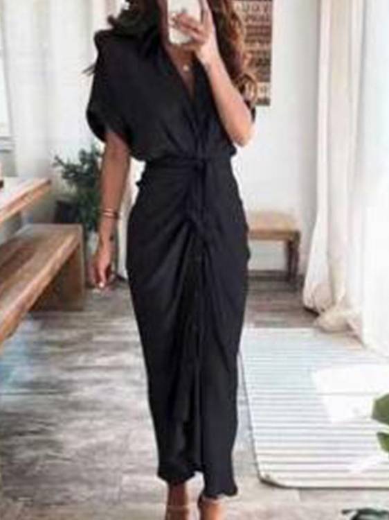 V-neck Pleated Strap Dress