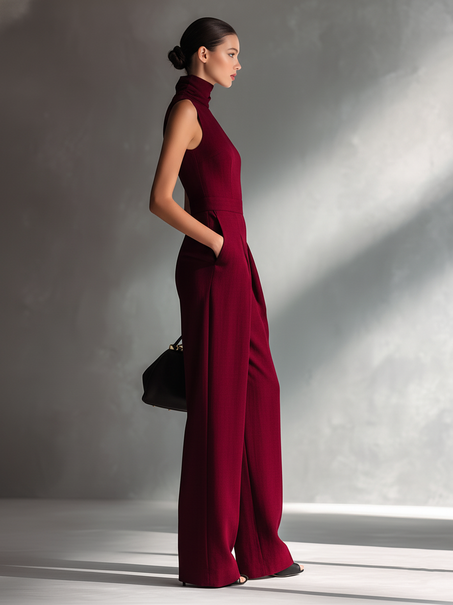 Women's Sleek Cotton-Linen Blend Burgundy Sleeveless Turtleneck Wide-Leg Jumpsuit