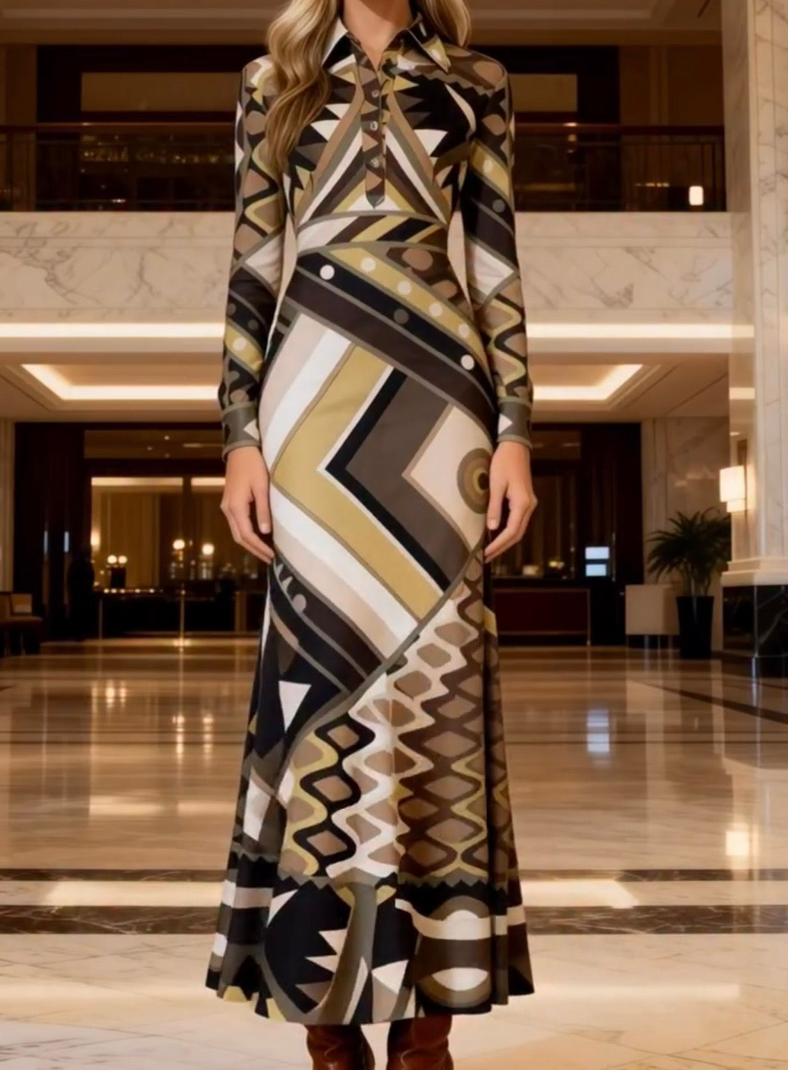 Printed Positioning Lapel Long Sleeve Split Maxi Dress