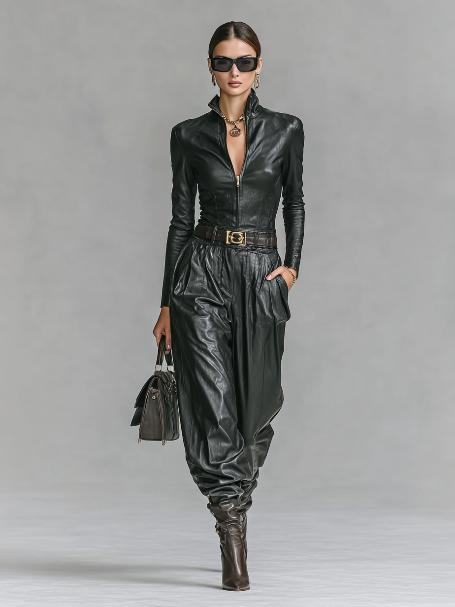 Women's Fashion PU Leather Slim Fit Zipper Stand Collar Shirt Pants Set (Without