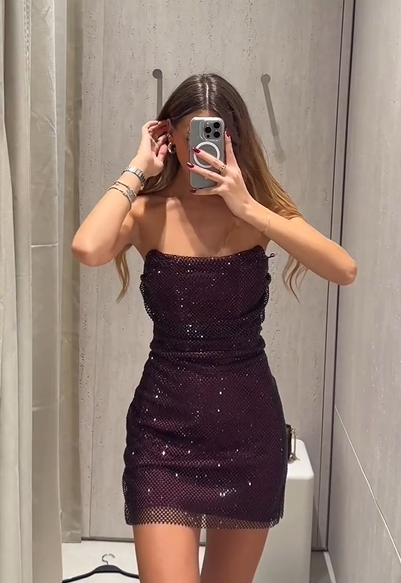 Sexy Bandeau Slim-Fit Shiny Solid Color Hot Girl Mini Dress