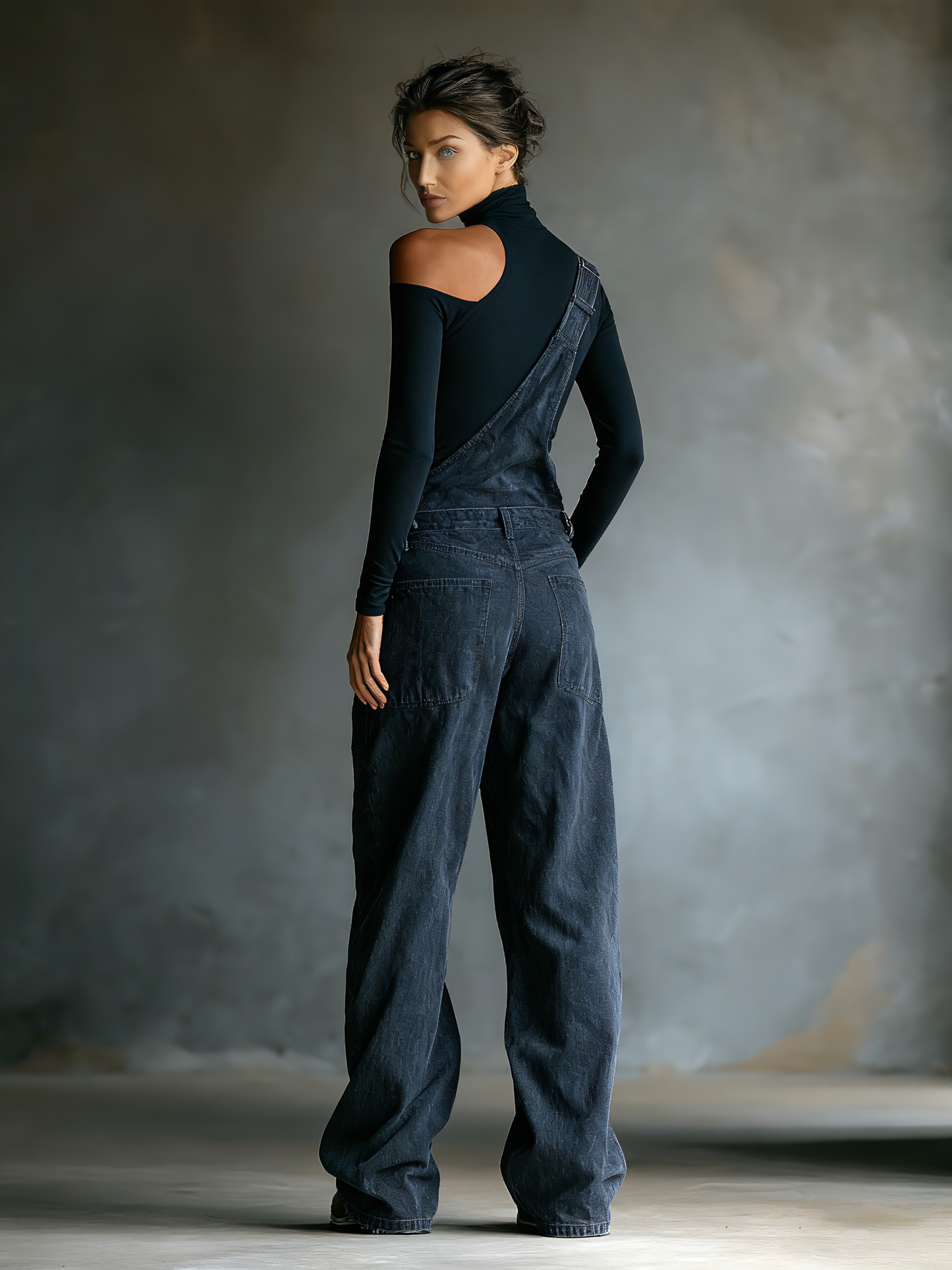 Women's Black Cotton One-shoulder Turtleneck Top And Blue-grey Denim Loose-fitting Overalls Set