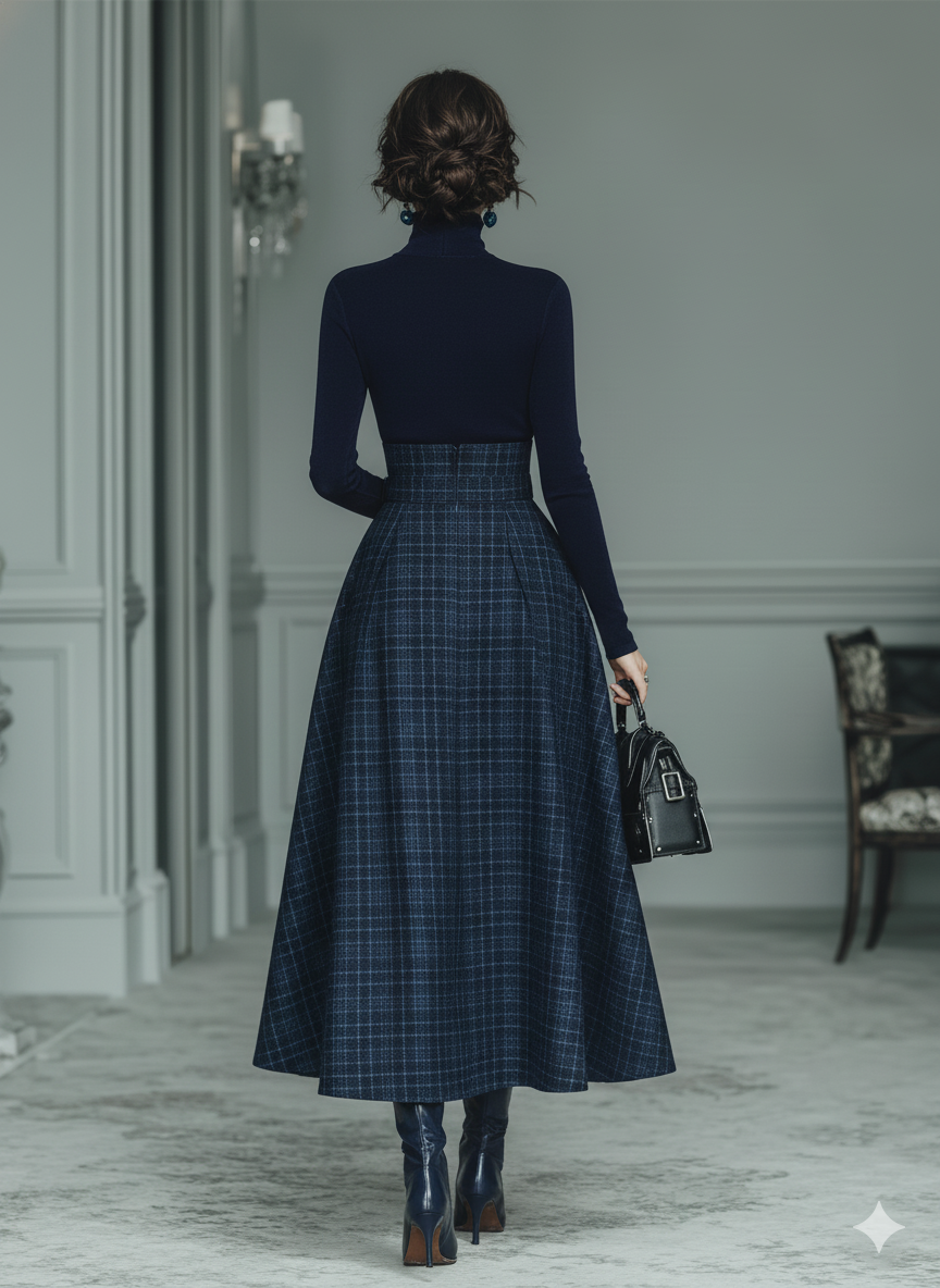Women's Dark Blue High Elastic Knit And Plaid Wool Skirt Set