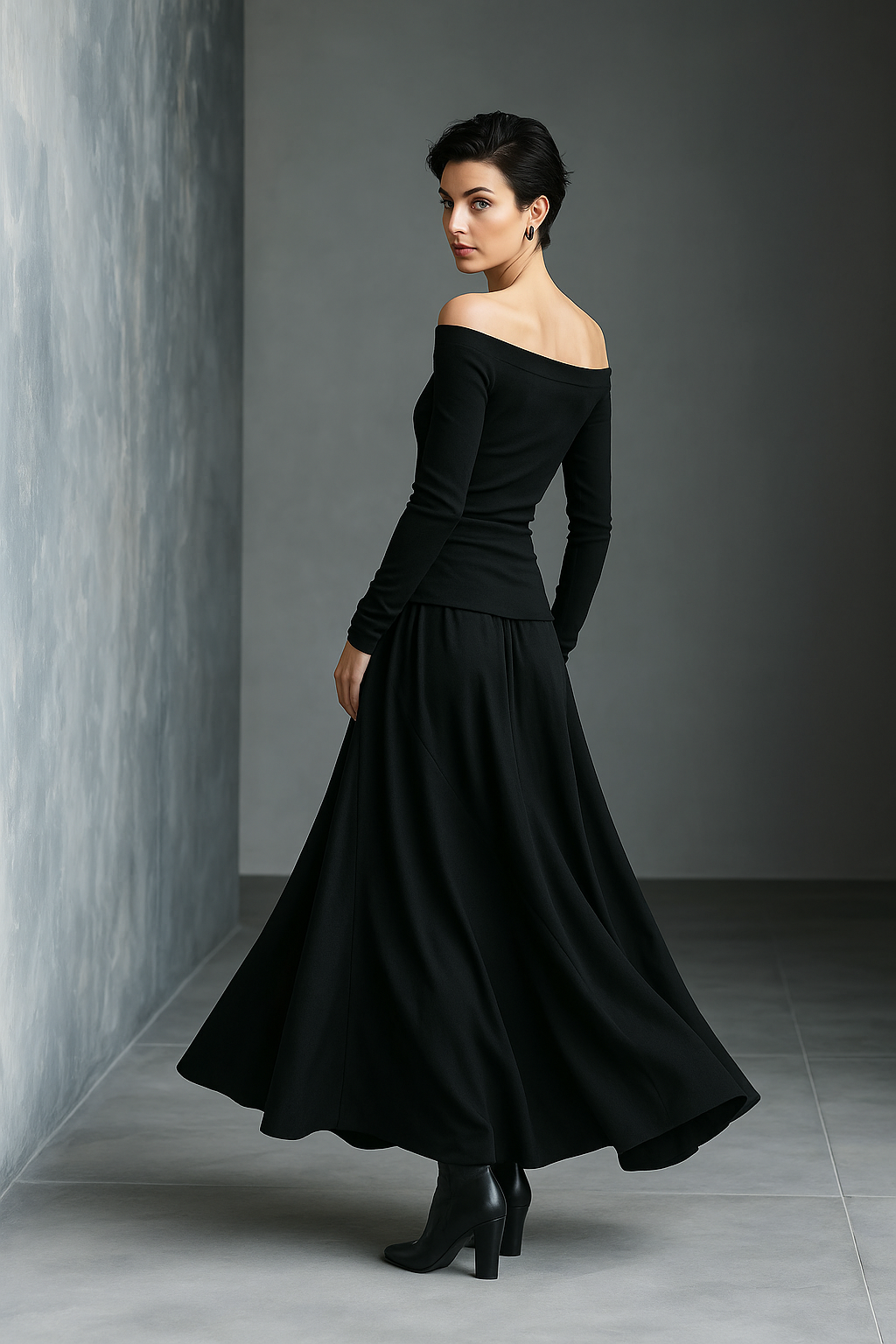 Women's Black Knit Off-Shoulder Fitted Top And Woven Fabric Skirt Set