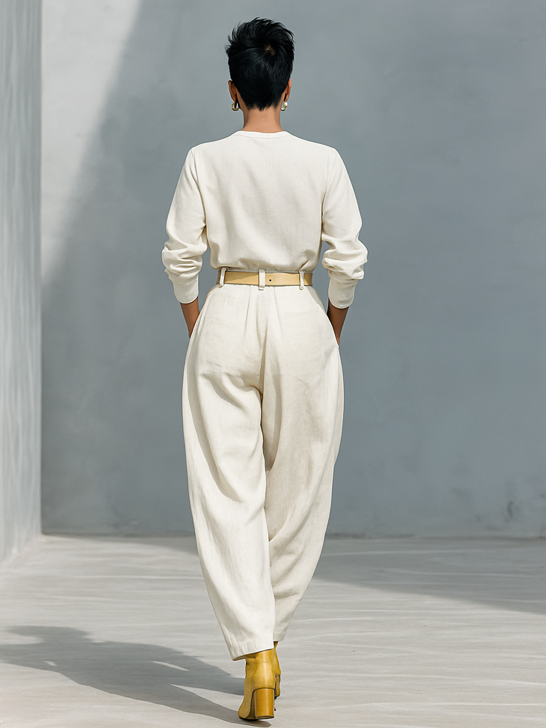 Women's Fashion Cotton And Linen Blend Crew Neck Long Sleeve Shirt Loose Trousers Set (belt Not