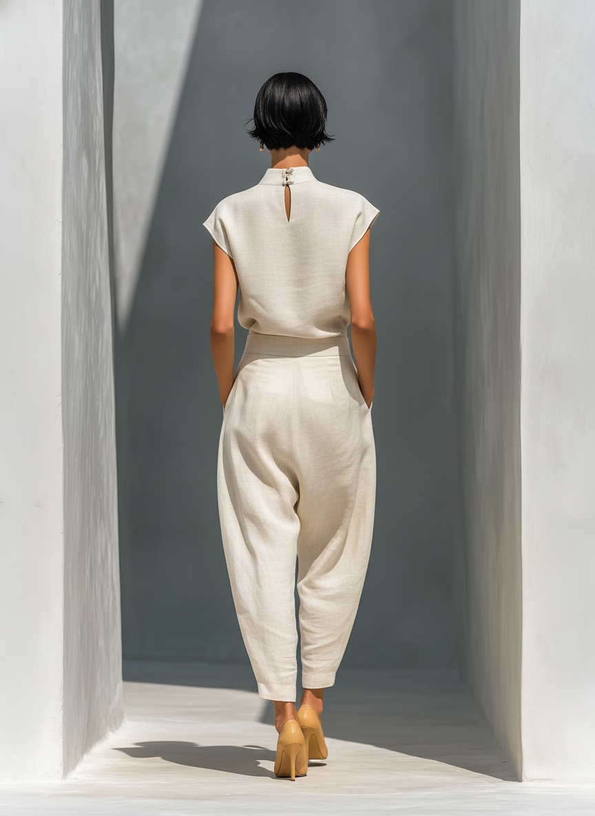 Women’s Ivory Linen-Blend Mandarin Collar Keyhole Top & High-Waisted Barrel Leg Skirt Two-Piece Set