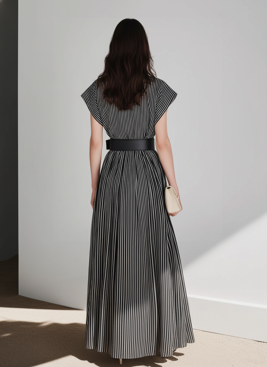 Women's Casual Black And White Striped Woven Short-Sleeve Shirt Dress (Belt Not Included)