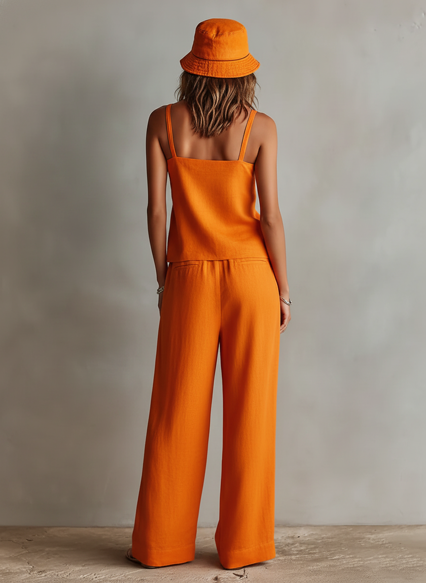 Women's Orange Linen Two-Piece Set With Square Neck Cami Top & Tie-Waist Wide-Leg Pants, Timeless Boho-Resort Style Set