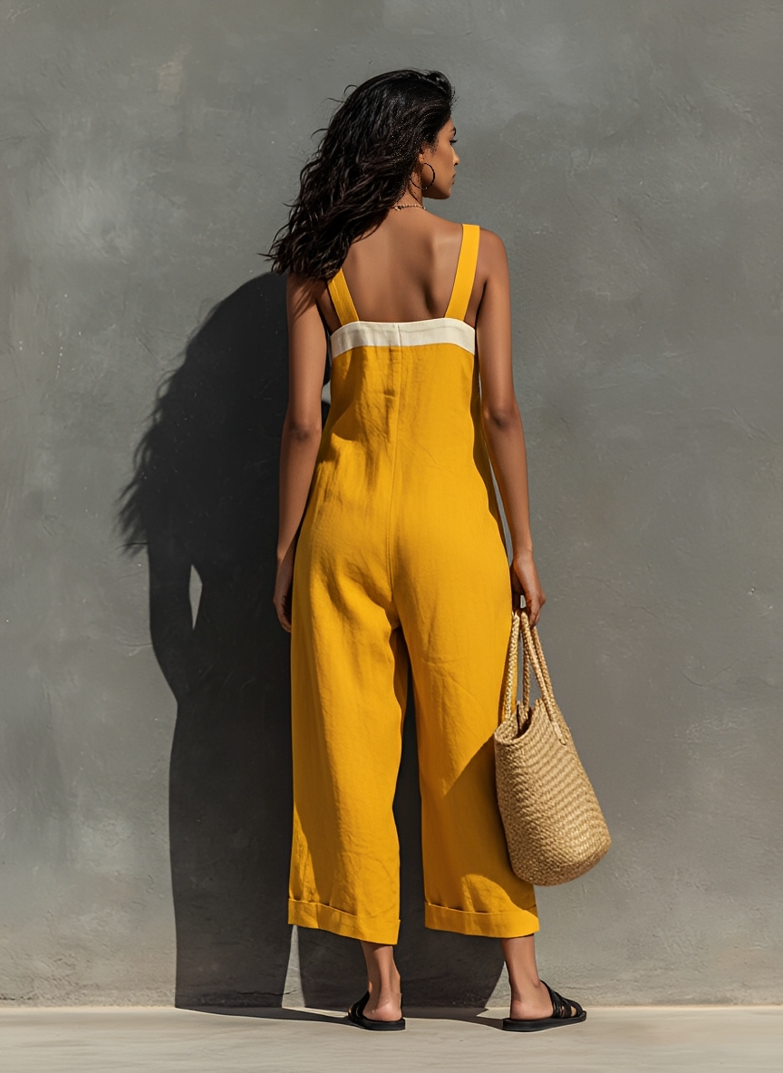 Women's Minimalist Linen Blend Square Neck Strapless Loose-fitting Jumpsuit