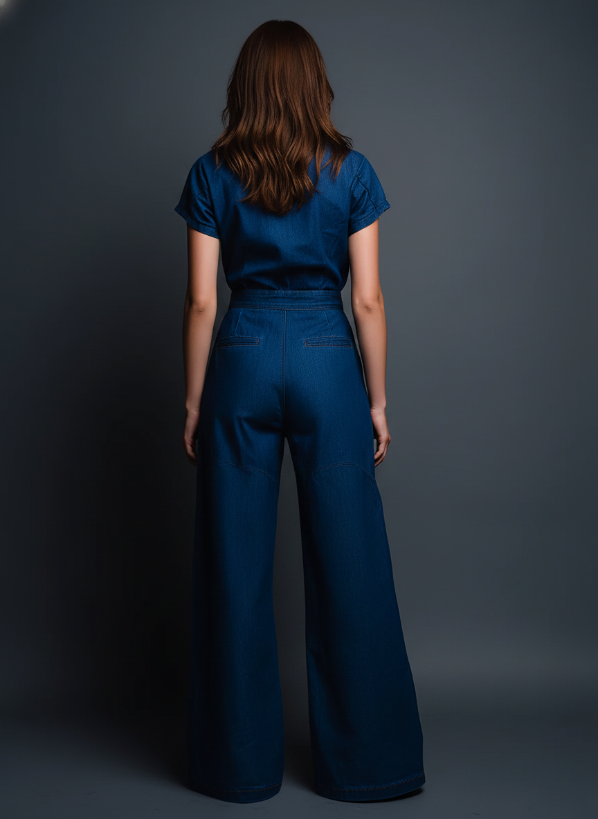 Women's Modern Minimalist Retro-Style Workwear: Blue Denim Short-Sleeve Jumpsuit