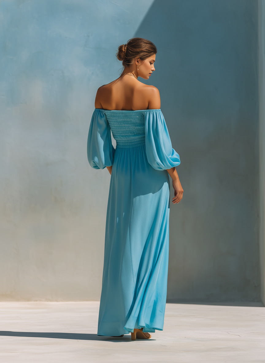 Women’s Sky Blue Off-the-Shoulder Puff Sleeve Smocked Waist High Slit Maxi Dress With Pockets