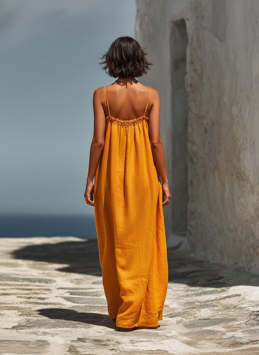 Women’s Tangerine Linen-Blend Spaghetti Strap Smocked Neck Flowy Maxi Sundress