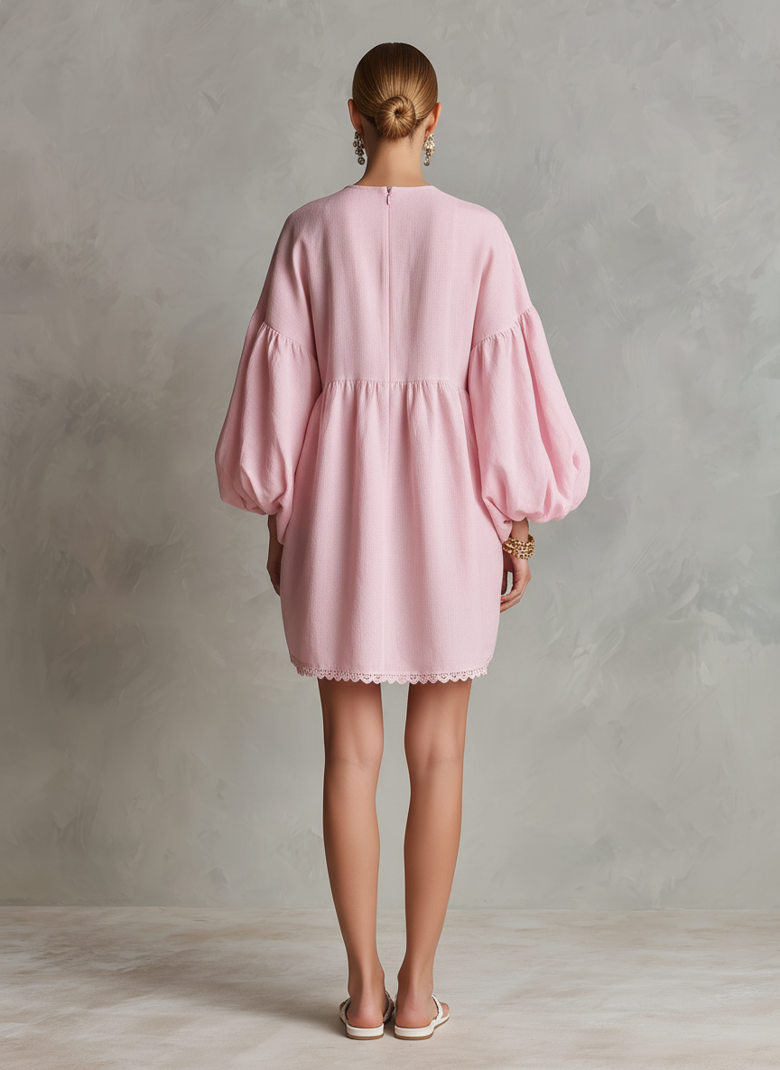 Women's Casual Light Pink Cotton-Linen Mini Dress — V-Neck, Embroidered, Long Puff Sleeves