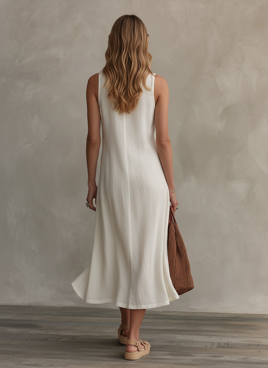 Women's Casual Sleeveless Maxi Dress In Ecru Cotton-Linen Blend