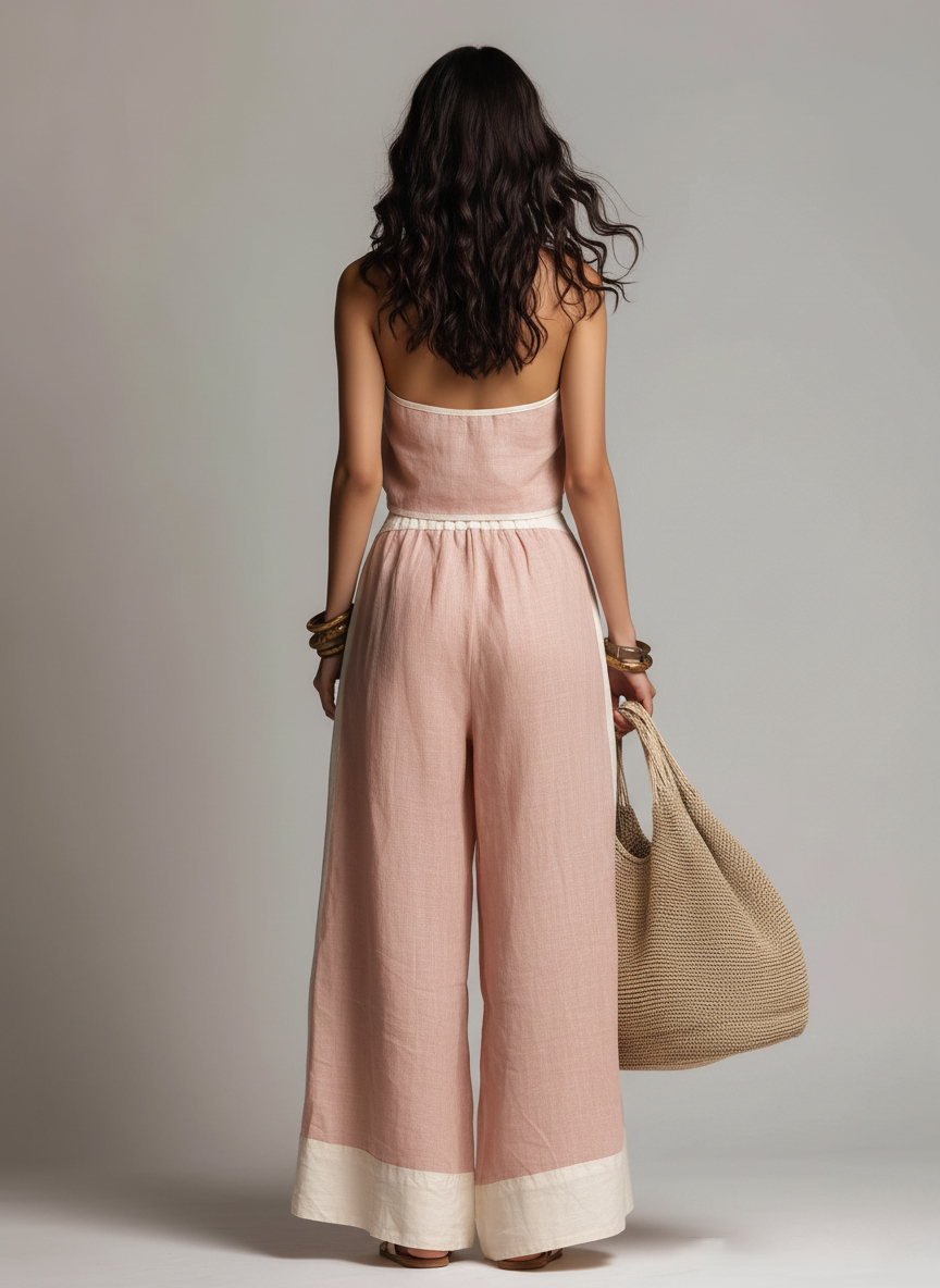 Women's Casual Light Pink V-Neck Sleeveless Top And Trousers Set