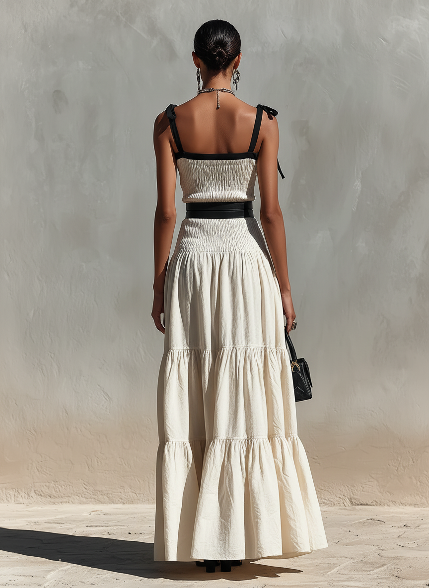 Women's Cream Linen-Blend Two-Piece Set With Smocked Top & Tiered Maxi Skirt, Timeless Boho-Chic Summer Outfit (without Belt)