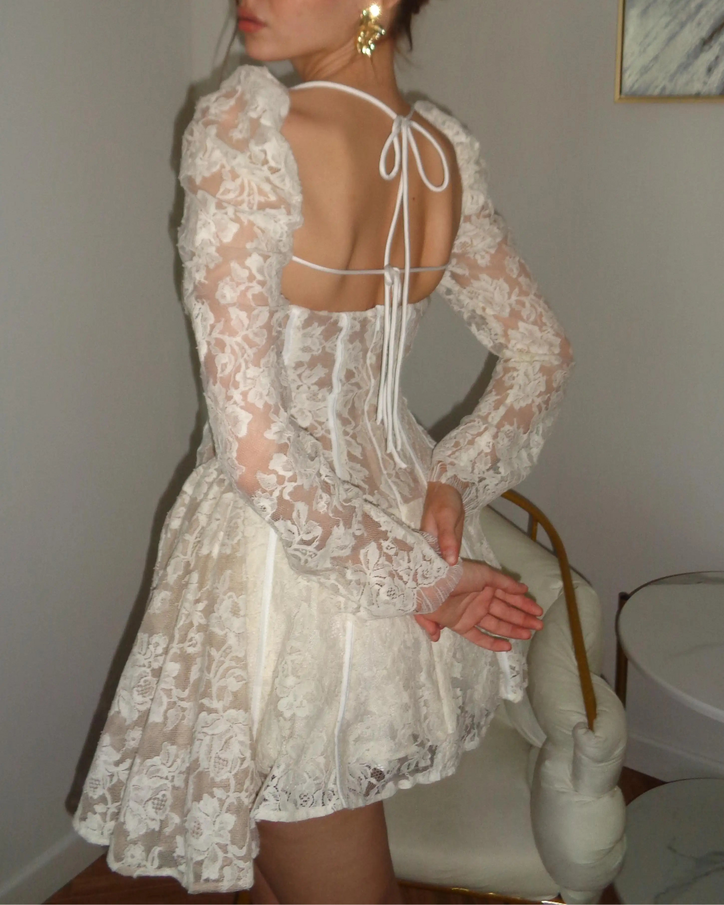 Sexy Long Sleeve Low-Cut Lace Mini Dress