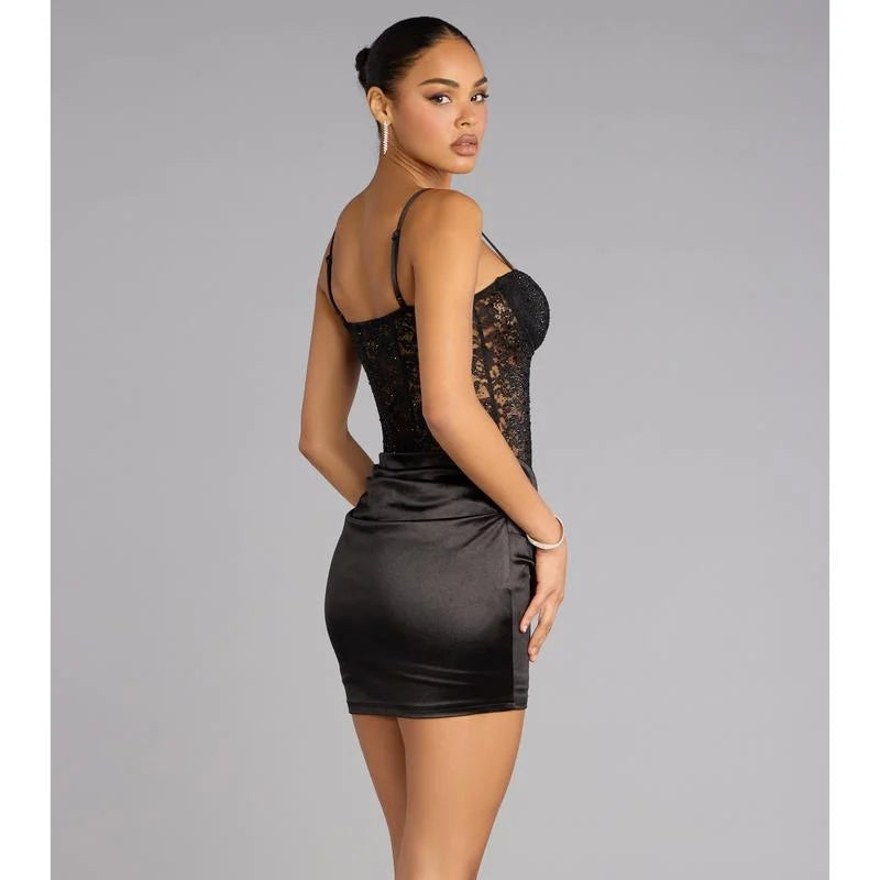 Black Lace Rhinestone Corset Satin Mini Dress | Sexy Club Bodycon Dress