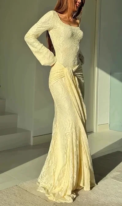 Sexy U Collar Long Sleeve Solid Color Lace-up Maxi Dress