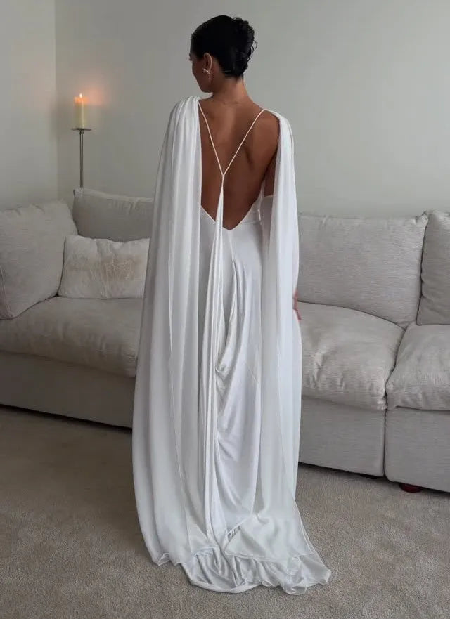White Draped Cape Backless Maxi Gown