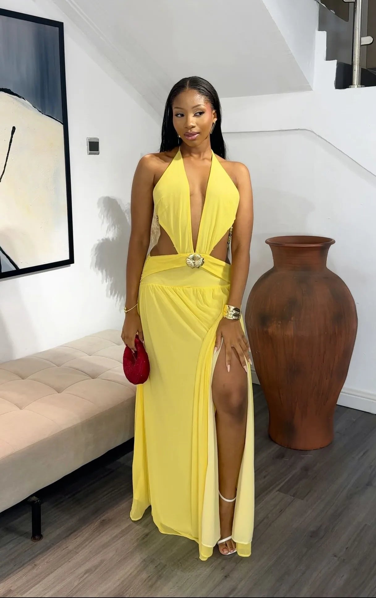 Sexy Halter Backless Slit Solid Color Dress