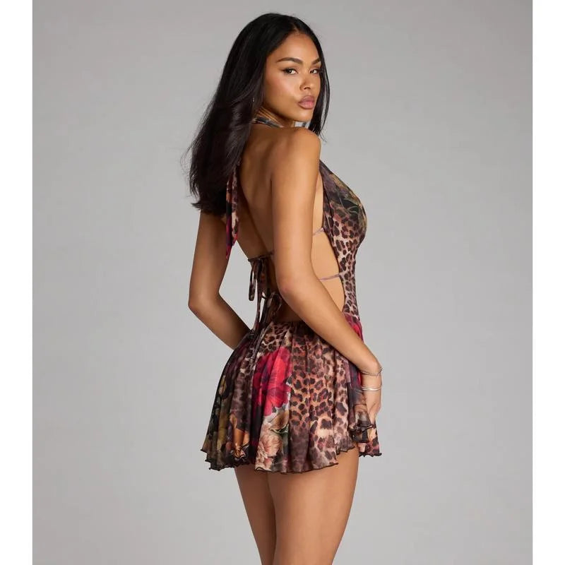 Leopard Print Floral Halter Backless Ruffled Mini Dress