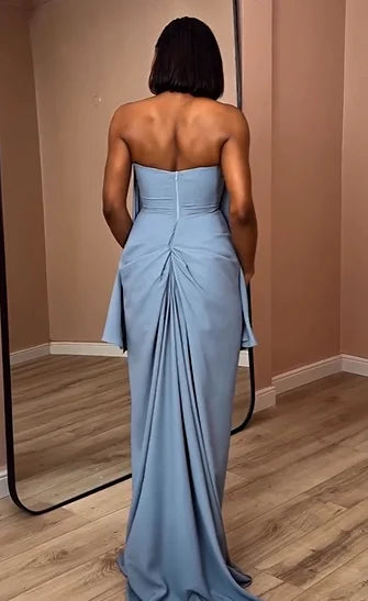 「Misty blue draped backless dress with cape sleeves, an elegant long gown」