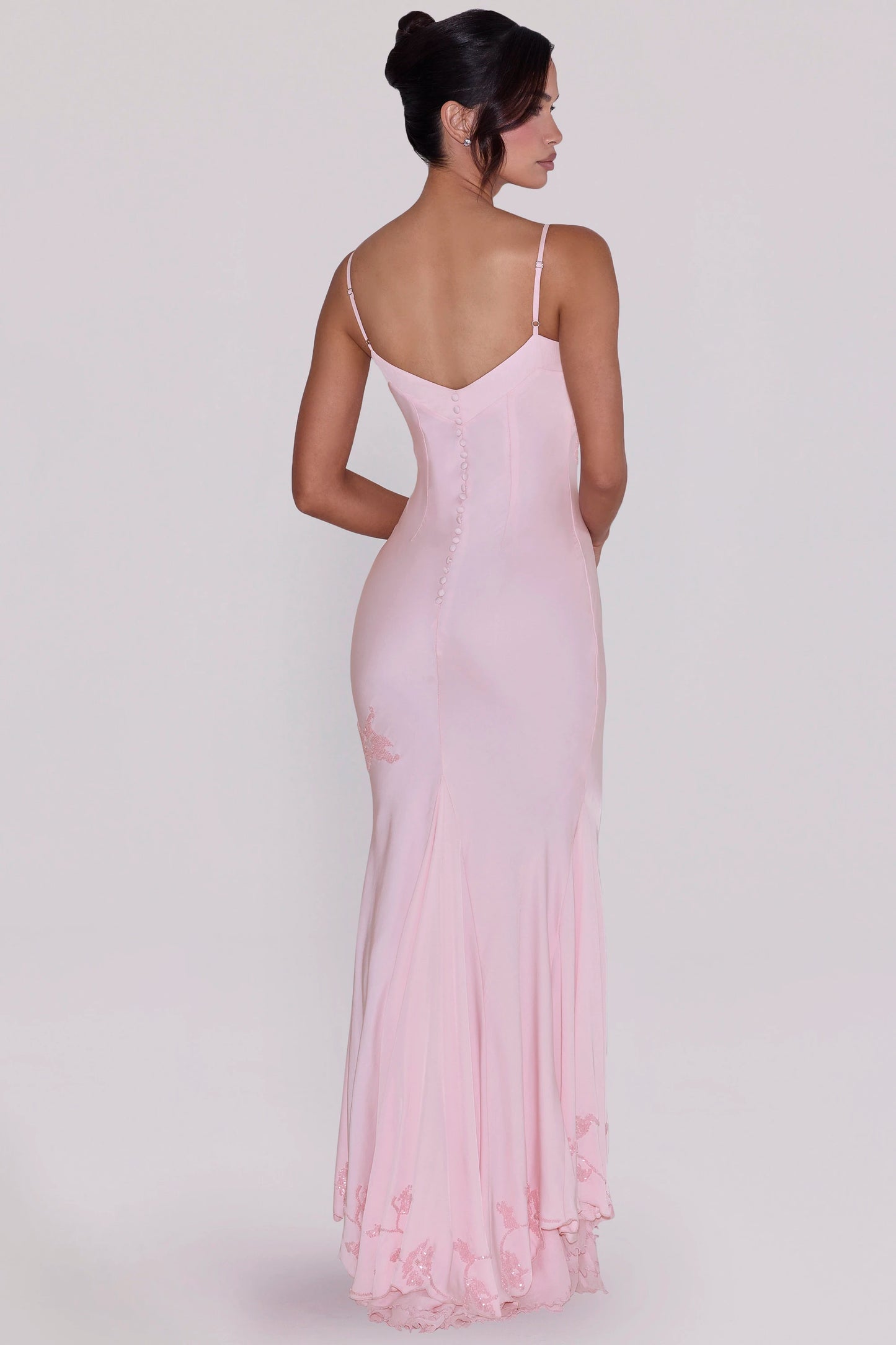 Pink Spaghetti Strap Sequin Embroidered Mermaid Evening Gown