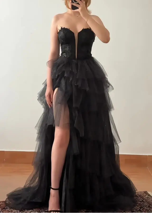 Sexy Sleeveless Cold-Shoulder Lace Tube Top High Slit Maxi Dress