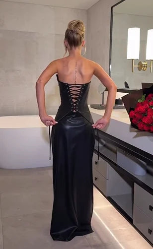 Party Style Black Bandeau Leather-Effect Ruched High-Slit Gown