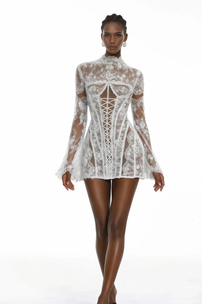 Socialite Style White Lace Sheer Corset High-Neck Waist-Cinched Mini Dress