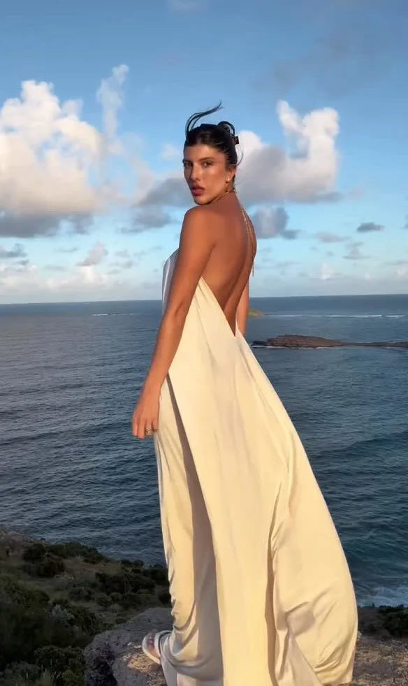 Beach Vacation Satin Halter Maxi Dress