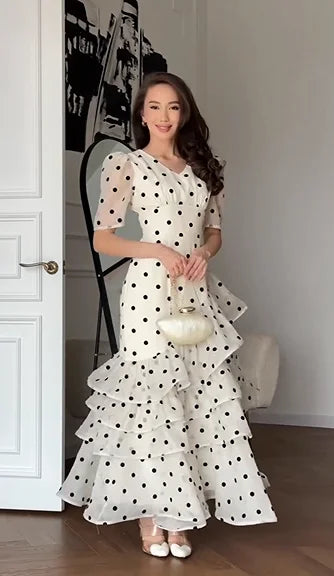Polka Dot V Neck Puff Sleeve Tiered Ruffle Waist Maxi Dress