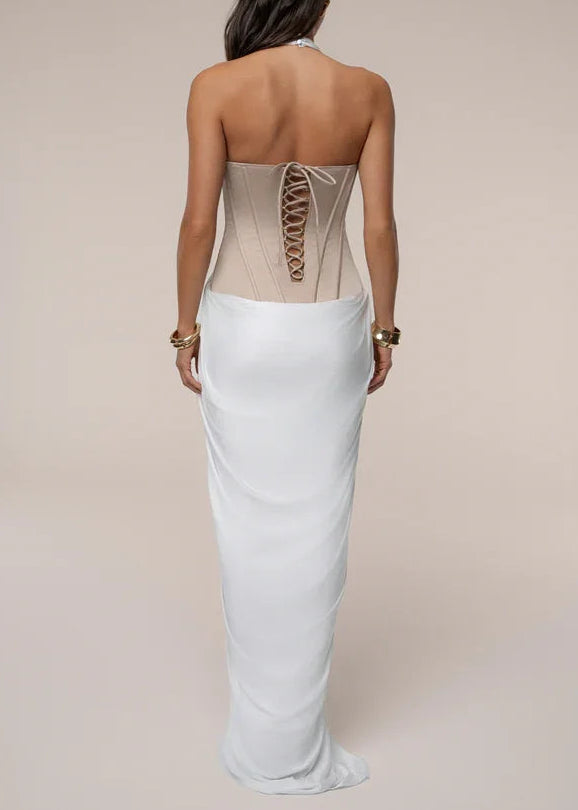 Sexy Sleeveless Halter Super Deep V Stitching Ruffle Maxi Dress