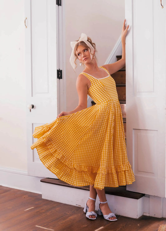 Yellow Gingham Square Neck Cami Ruffle Hem Midi Dress