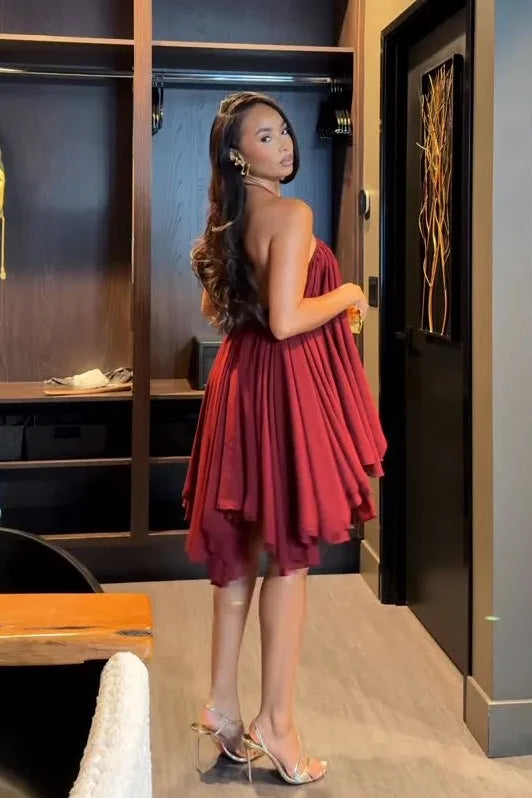 Sexy Halter Chest Wrap Loose-Fitting Pleated Mini Skirt