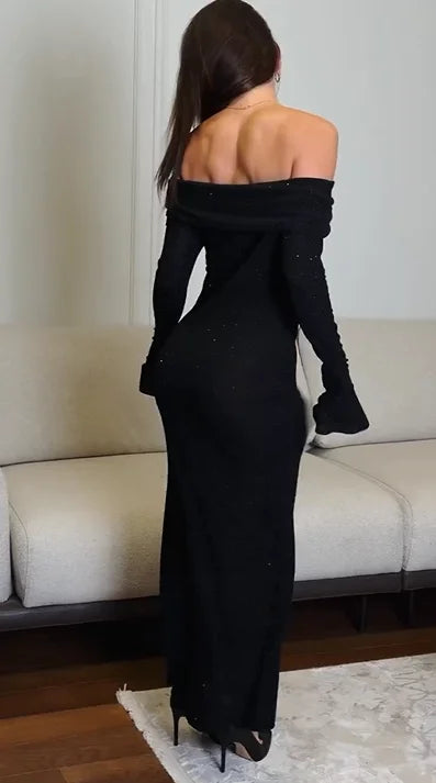 Sexy off-Shoulder Collar Long Sleeve Slim-Fit Shiny Dress