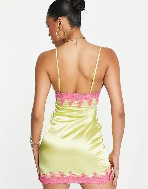 Lime Satin Pink Lace Trim Cami Mini Dress