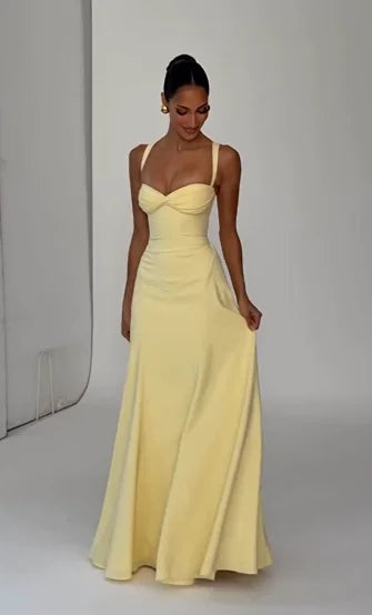 Butter Yellow Wide Strap Twist Knot Waist-Fitted Flowy Draped Evening Maxi Dress
