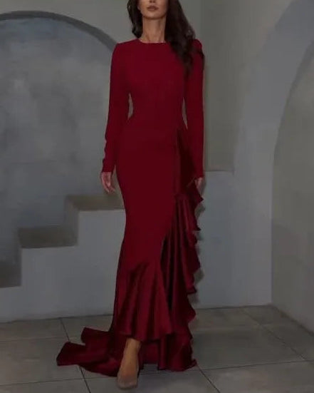 Sexy Solid Color Long Sleeve Slim Fit Ruffled Dress