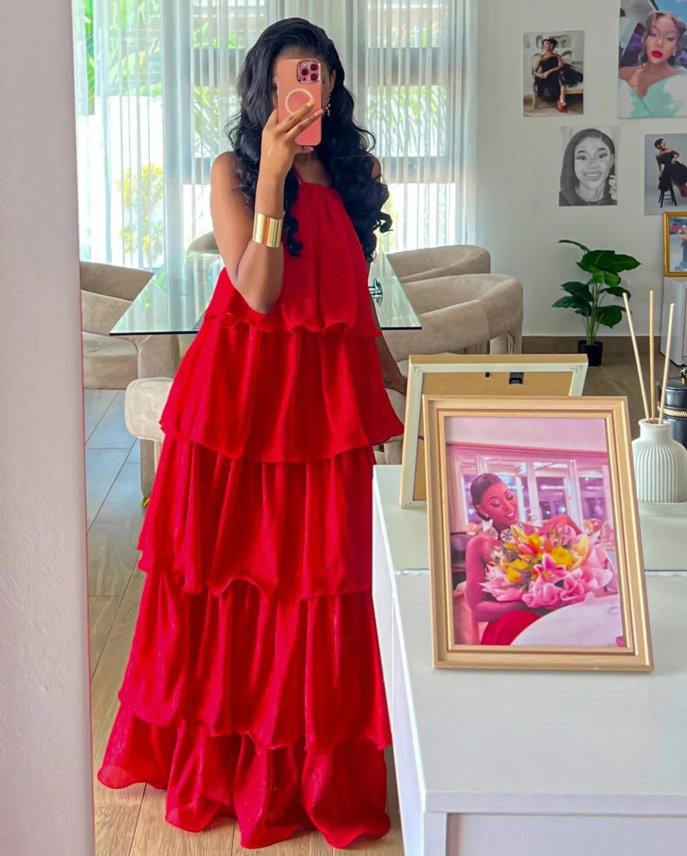 Scarlet Red Halter Tiered Ruffled Maxi Dress Slimming Draped Vacation Banquet Gown