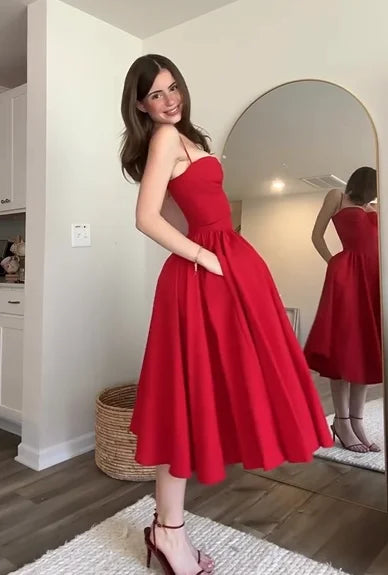 Sexy Sling Waist-Controlled Large Hem Solid Color Dress