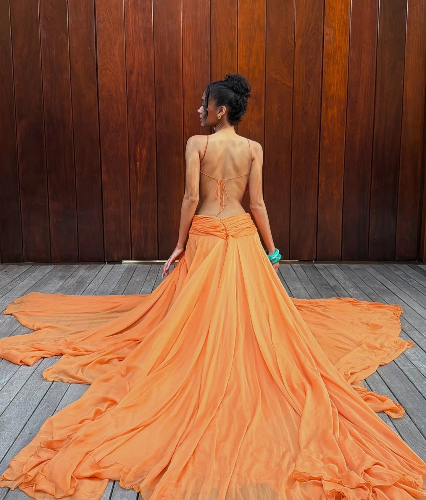 Orange Halter Deep V Neck Backless Waist Gem-Embellished Chiffon Train Vacation Maxi Dress