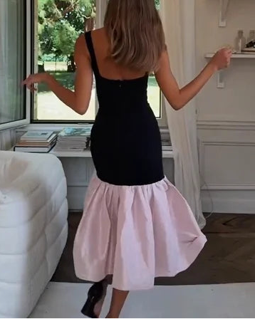 Sexy Sleeveless Sling Color Contrast Patchwork Midi Dress