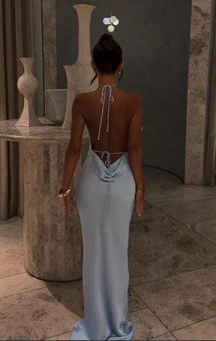 Fairy Style Misty Blue Halterneck Floral Cutout Backless Satin Gown