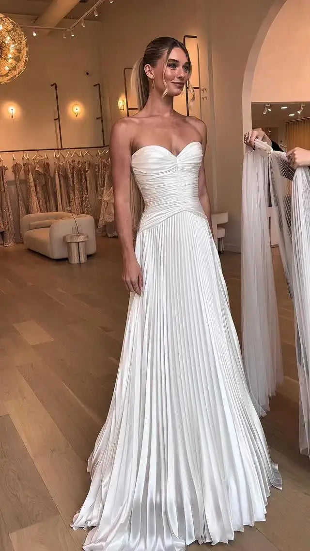 Socialite Style White Strapless Satin Pleated Waist-Cinched Maxi Dress