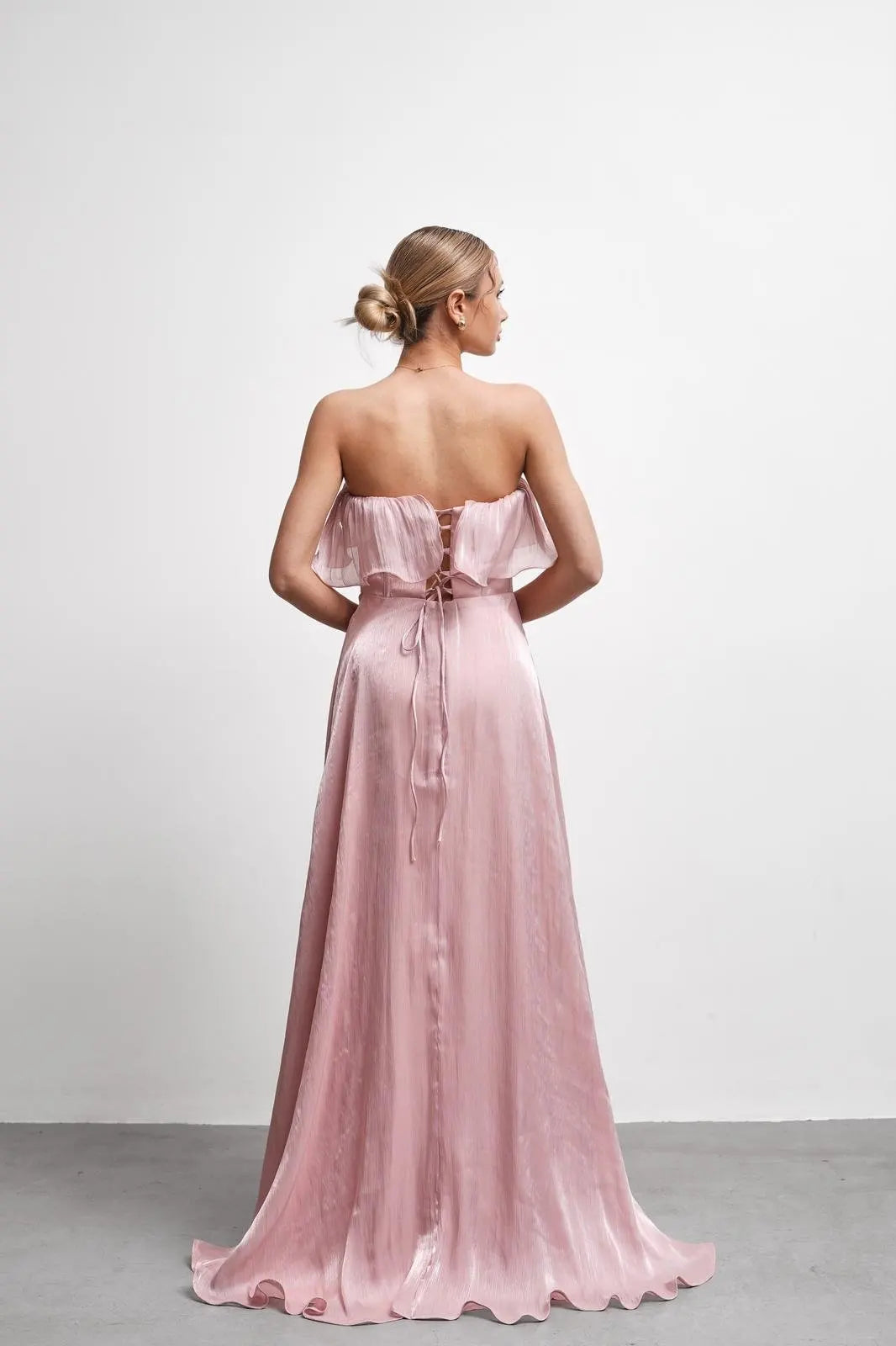 Blush Strapless Ruffle Draped Floor-Length Evening Gown