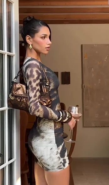 Edgy Girl Style Ink Leopard Print Patchwork V-Neck Long-Sleeve Ruched Bodycon Mini Dress