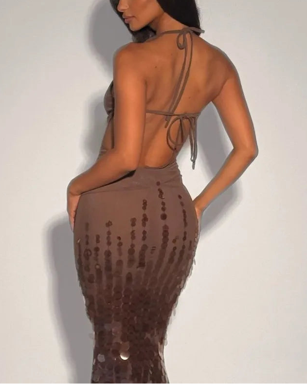 Sexy Sleeveless Halter Slim-Fit Sheath Sequin Maxi Dress