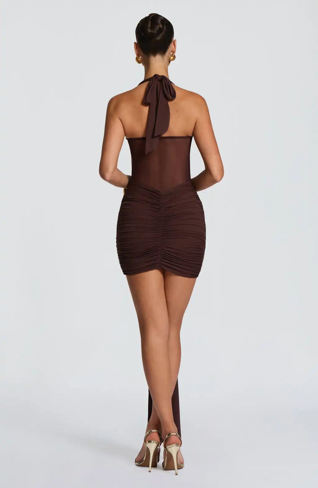Halter Neck Open-Back Mesh Paneled Ruched Slim-Fit Mini Dress